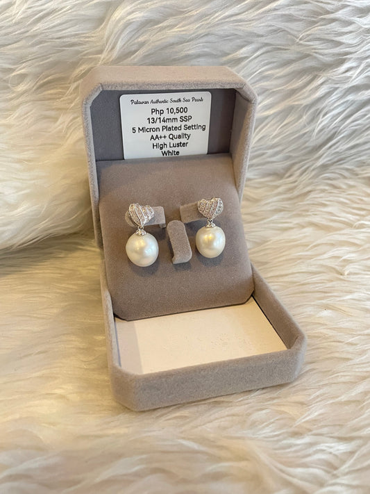 13/14mm Authentic White South Sea Pearl Earrings in 5 Micron Plated Settings