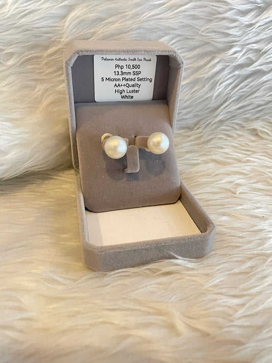 13.3mm Authentic White South Sea Pearl Earrings in 5 Micron Plated Settings