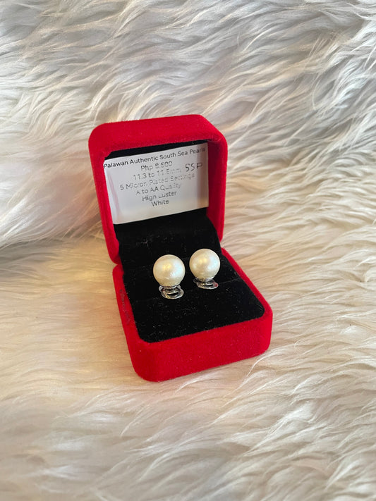 11.3mm to 11.5mm Authentic White South Sea Pearl Earrings in 5 Micron Plated Settings