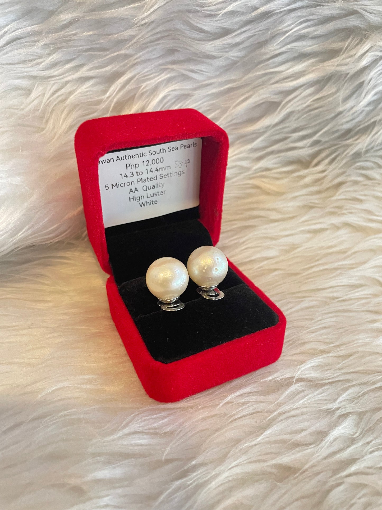 14.3mm to 14.4mm Authentic White South Sea Pearl Earrings in 5 Micron Plated Settings