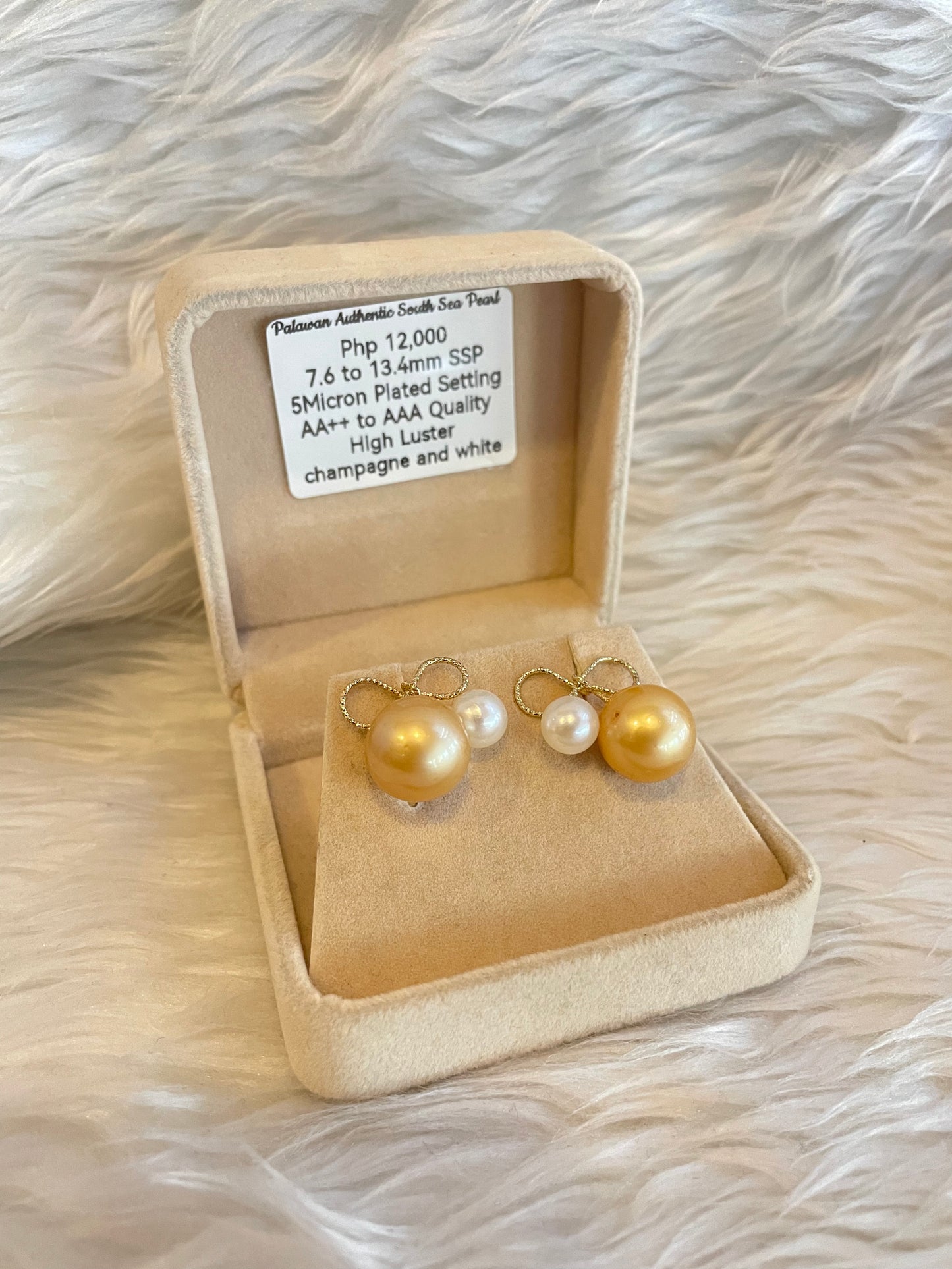 7.6mm to 13.4mm Authentic Champagne and White Color South Sea Pearl Earrings in 5 Micron Plated Settings