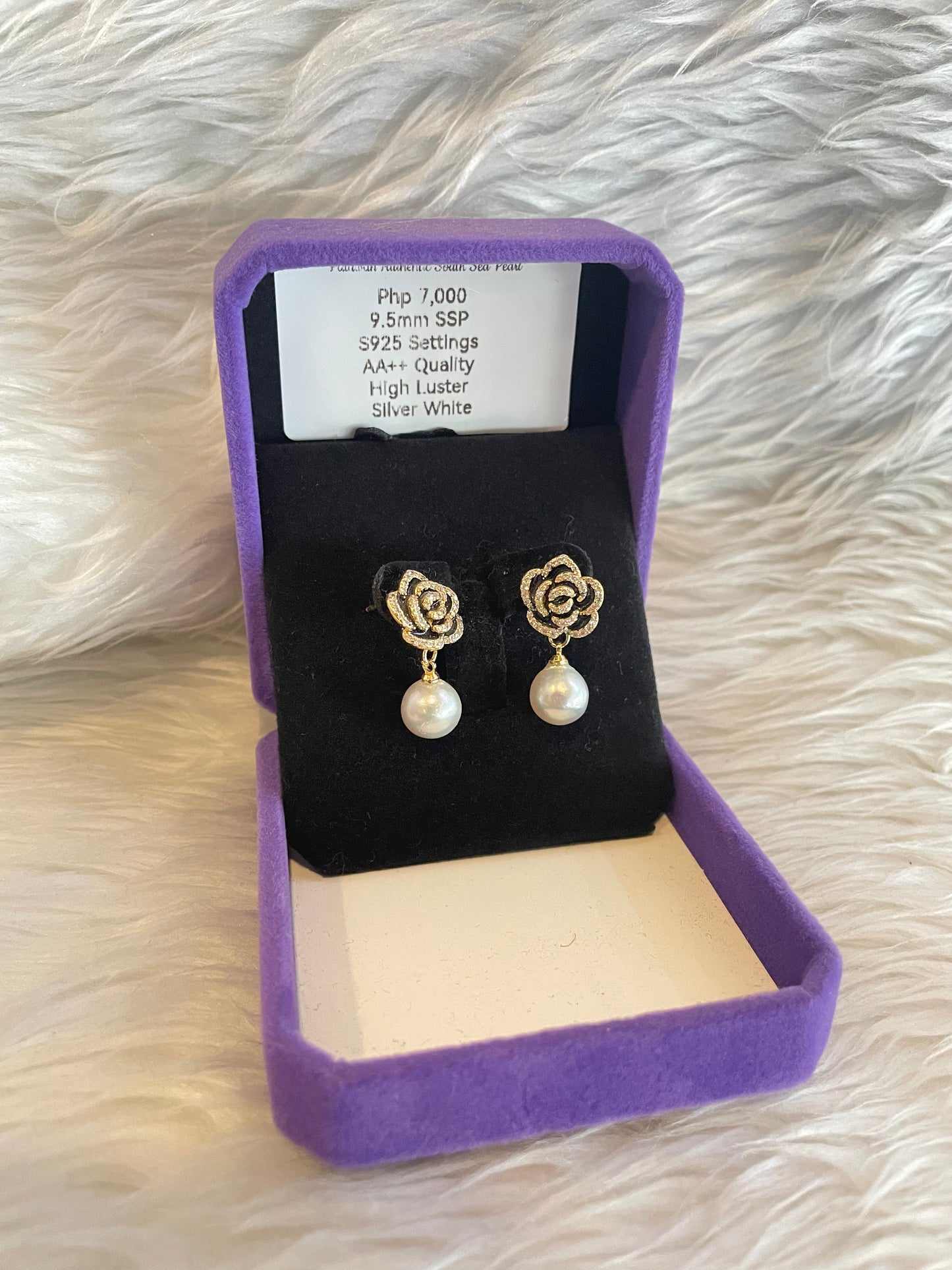 9.5mm Authentic Silver White South Sea Pearl Earrings in 5 Micron Plated Settings