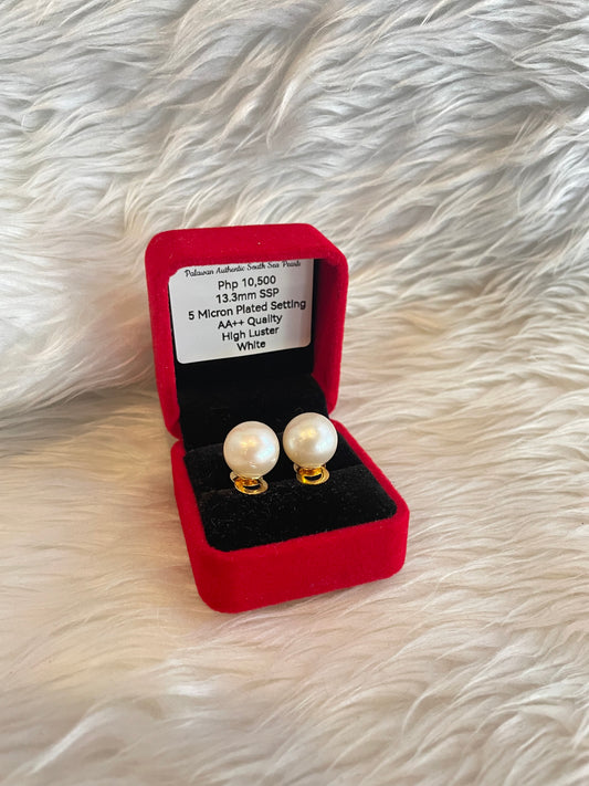 13.3mm Authentic White South Sea Pearl Earrings in 5 Micron Plated Settings