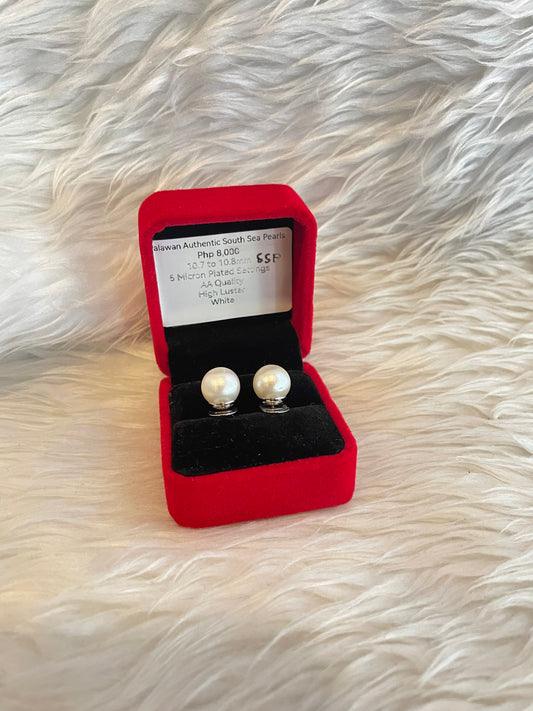 10.7mm to 10.8mm Authentic White South Sea Pearl Earrings in 5 Micron Plated Settings