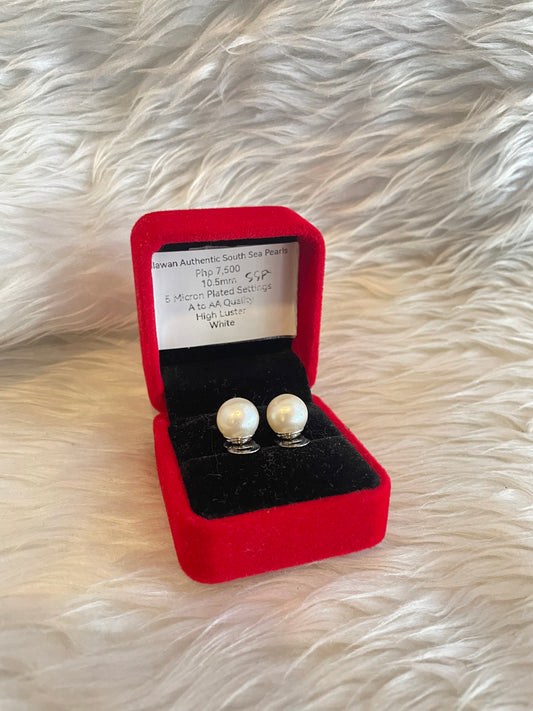 10.5mm Authentic White South Sea Pearl Earrings in 5 Micron Plated Settings