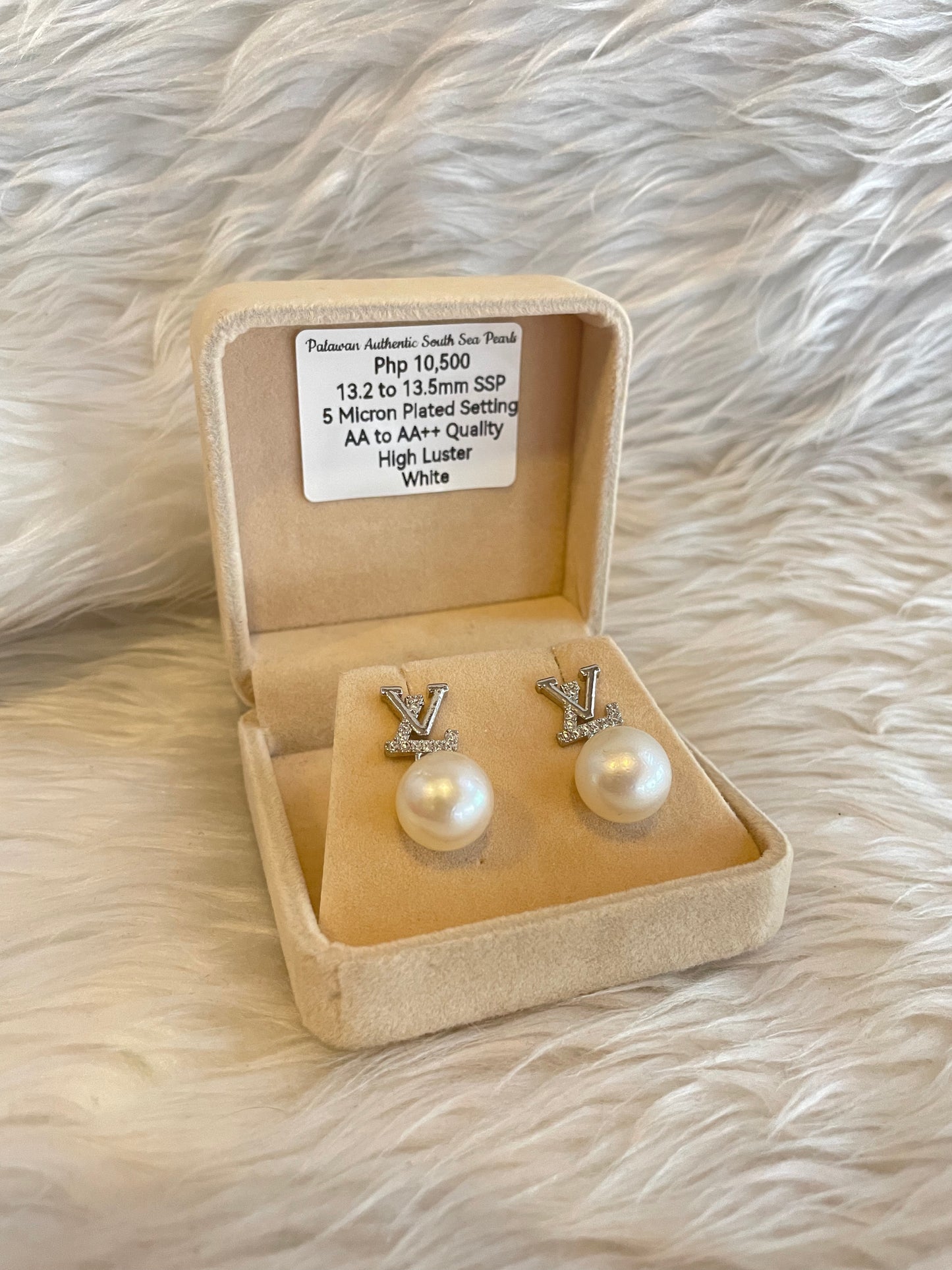 13.2mm to 13.5mm Authentic White South Sea Pearl Earrings in 5 Micron Plated Settings