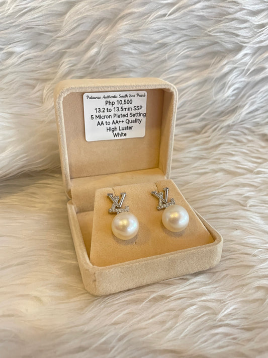 13.2mm to 13.5mm Authentic White South Sea Pearl Earrings in 5 Micron Plated Settings