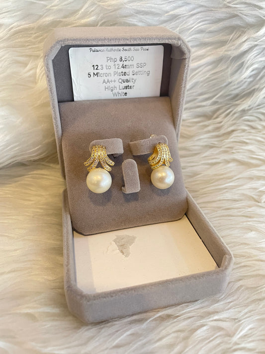12.3mm to 12.4mm Authentic White South Sea Pearl Earrings in 5 Micron Plated Settings