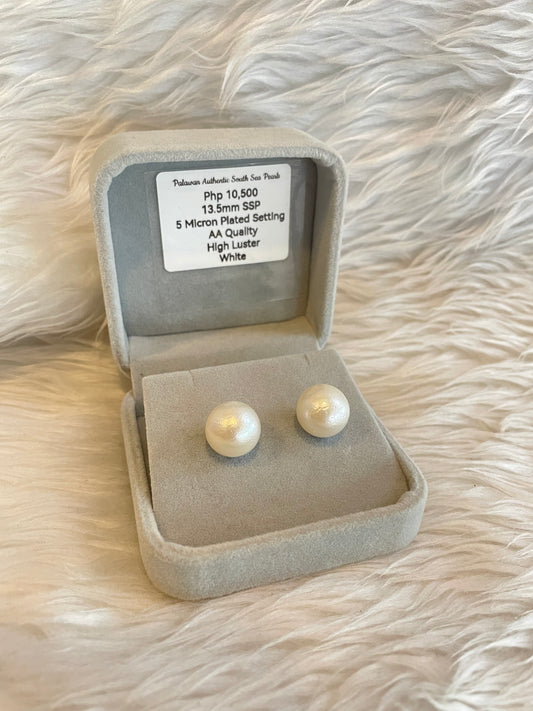 13.5mm Authentic White South Sea Pearls Earrings in 5 Micron Plated Settings