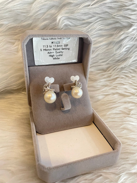 11.3mm to 11.5mm Authentic White South Sea Pearl Earrings in 5 Micron Plated Settings