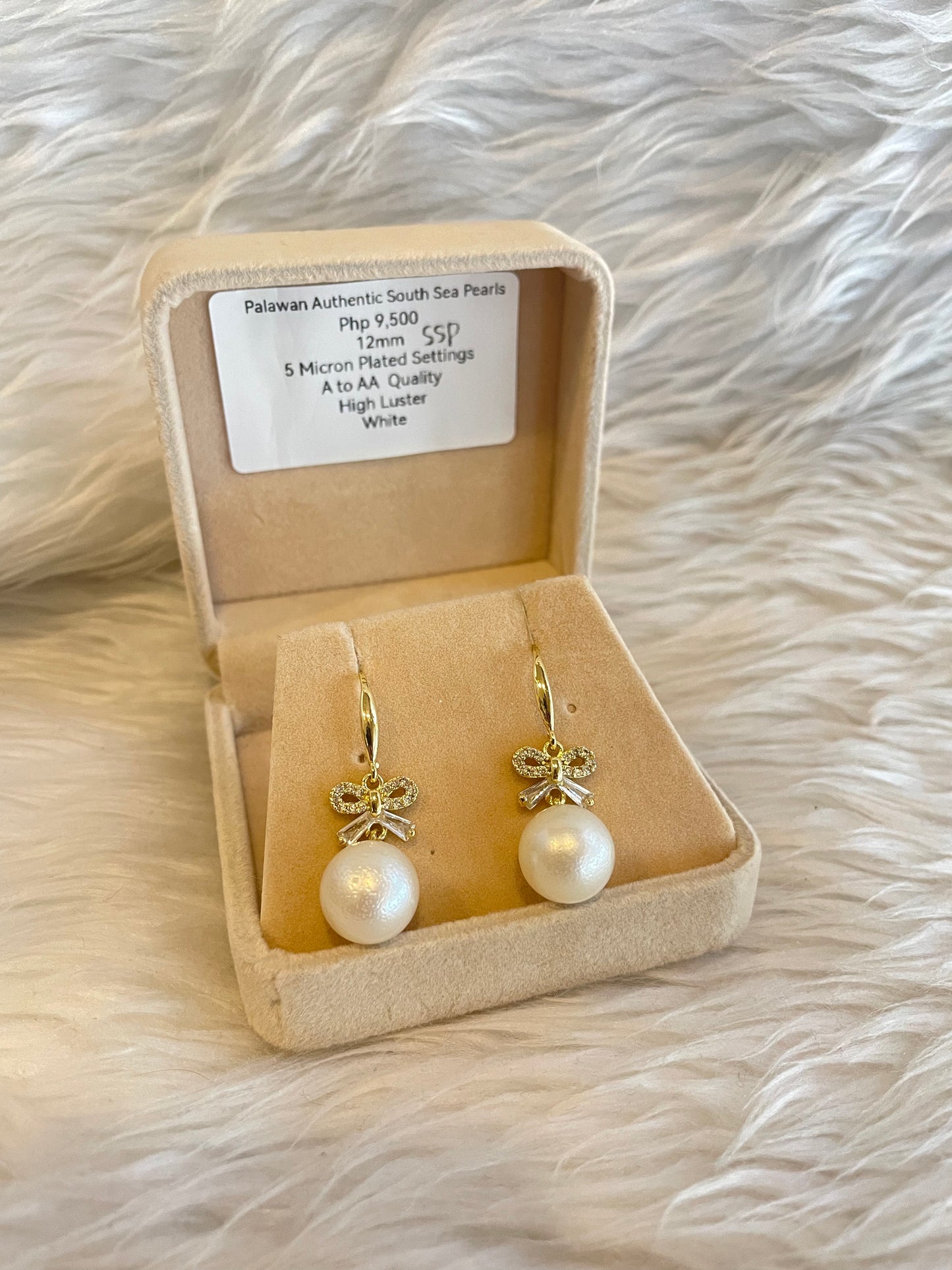 12mm Authentic White South Sea Pearl Earrings in 5 Micron Plated Settings