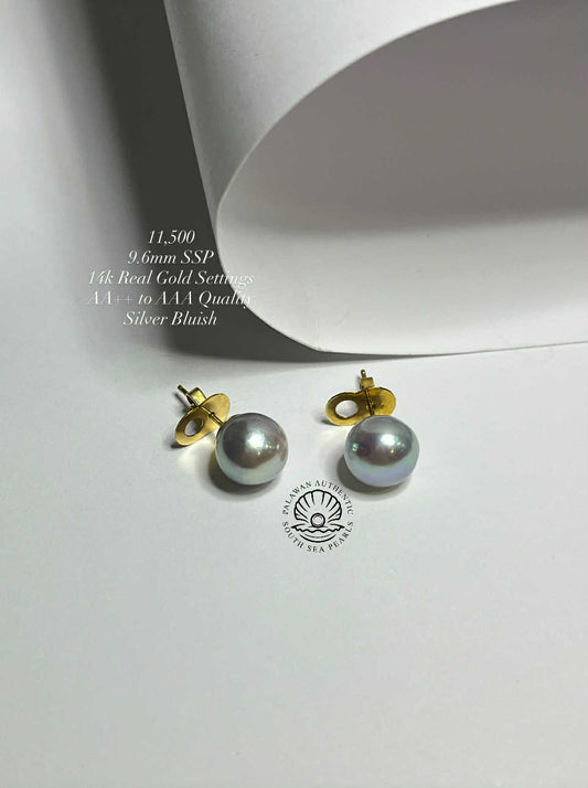 New Arrival! 9.6mm Palawan Authentic Silver Bluish Color South Sea Pearl Earrings in 14k Real Gold Settings