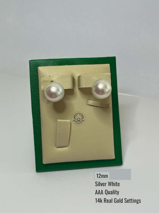 12mm Palawan Authentic Silver White Color South Sea Pearl Earrings in 14k Real Gold Settings