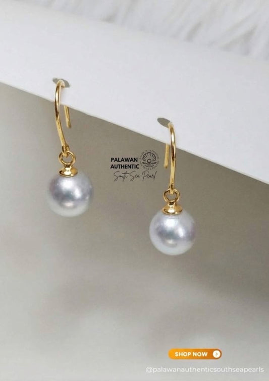 7.9mm to 8mm Palawan Authentic Silver White Color South Sea Pearl Earrings in 14k Real Gold Settings
