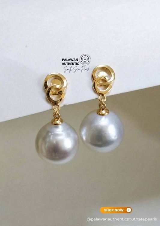 13.3mm to 13.6mm Palawan Authentic Silver White Color South Sea Pearl Earrings in 14k Real Gold Settings