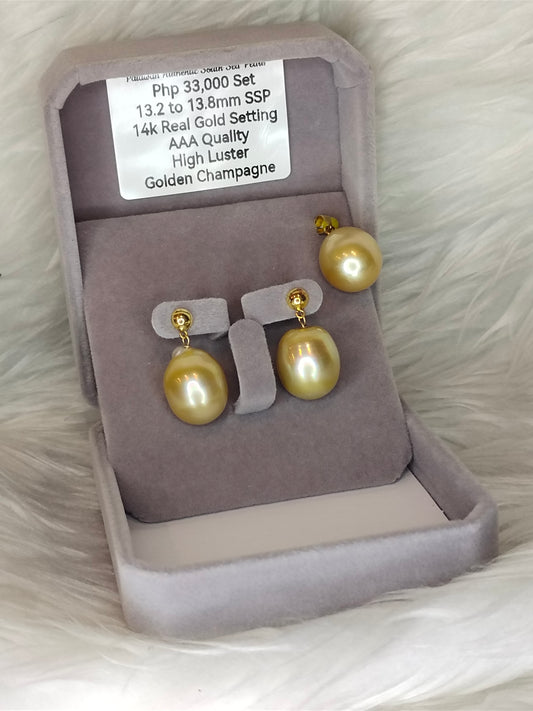 13.2mm to 13 8mm Authentic Golden Champagne Color South Sea Pearl Sets in 14k Real Gold Settings