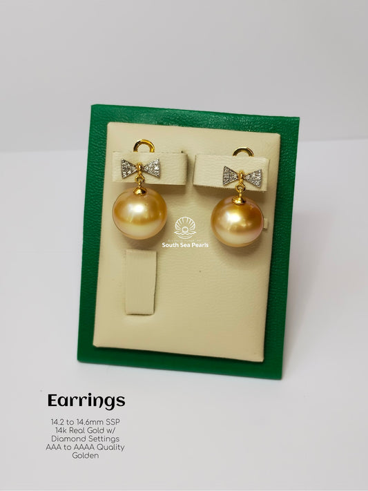 14.2mm to 14.6mm Palawan Authentic Golden Color South Sea Pearl in 14k Real Gold and Diamonds