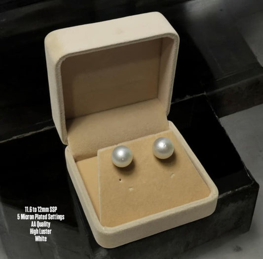 New Arrival! 11.6 to 12mm Authentic White South Sea Pearl Earrings in 5 Micron Plated Settings
