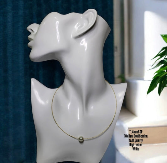 New Arrival! 11.4mm Authentic White South Sea Pearl Floating Necklace in 18k Real Gold Setting