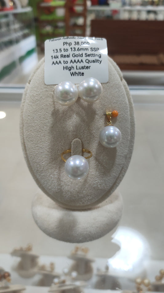 13.5 to 13.6mm White South Sea Pearls Set 14k Real Gold Settings AAA to AAAA High Luster White