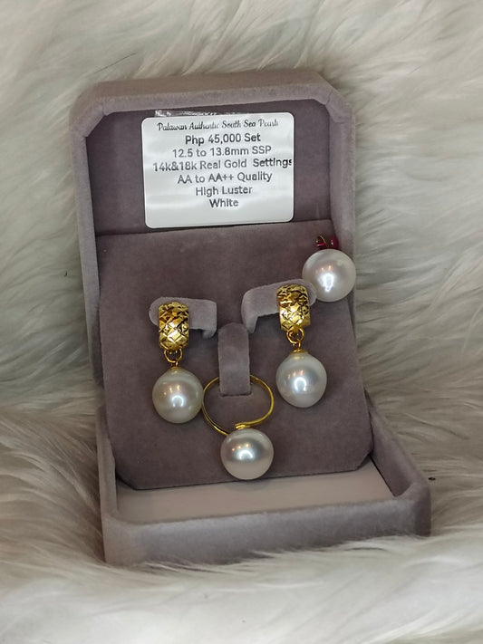 12.5mm to 13.8mm Authentic White South Sea Pearl Sets in 14k Real Gold Settings