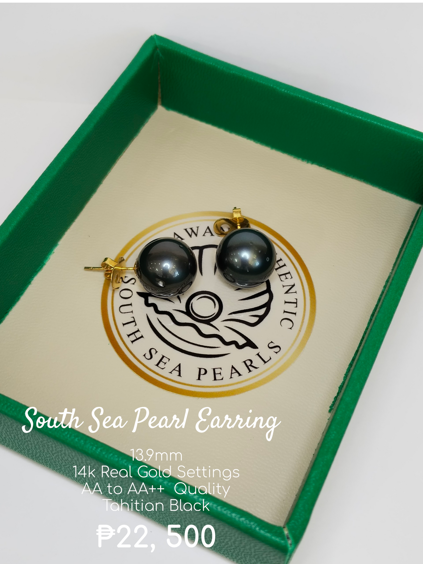 13.9mm Palawan Authentic Tahitian Black Color South Sea Pearl Earring in 14k Real Gold Settings