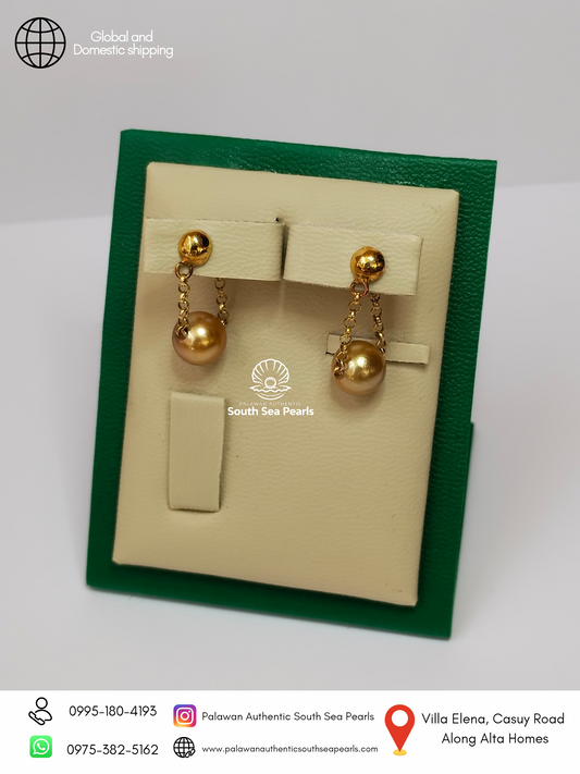 8.8mm to 9mm Palawan Authentic Deep Golden Color South Sea Pearl Earrings in 14k and 18k Real Gold Settings