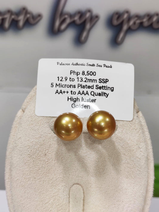12.9mm to 13.2mm Authentic Golden South Sea Pearls Earrings in 5 Microns Plated Settings
