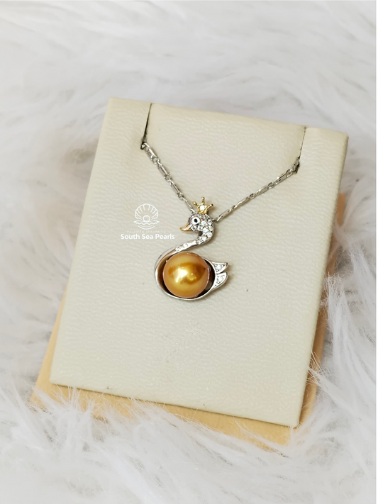 8.3mm Palawan Authentic Deep Golden Color South Sea Pearl Pendant in 5 Micron Plated Settings