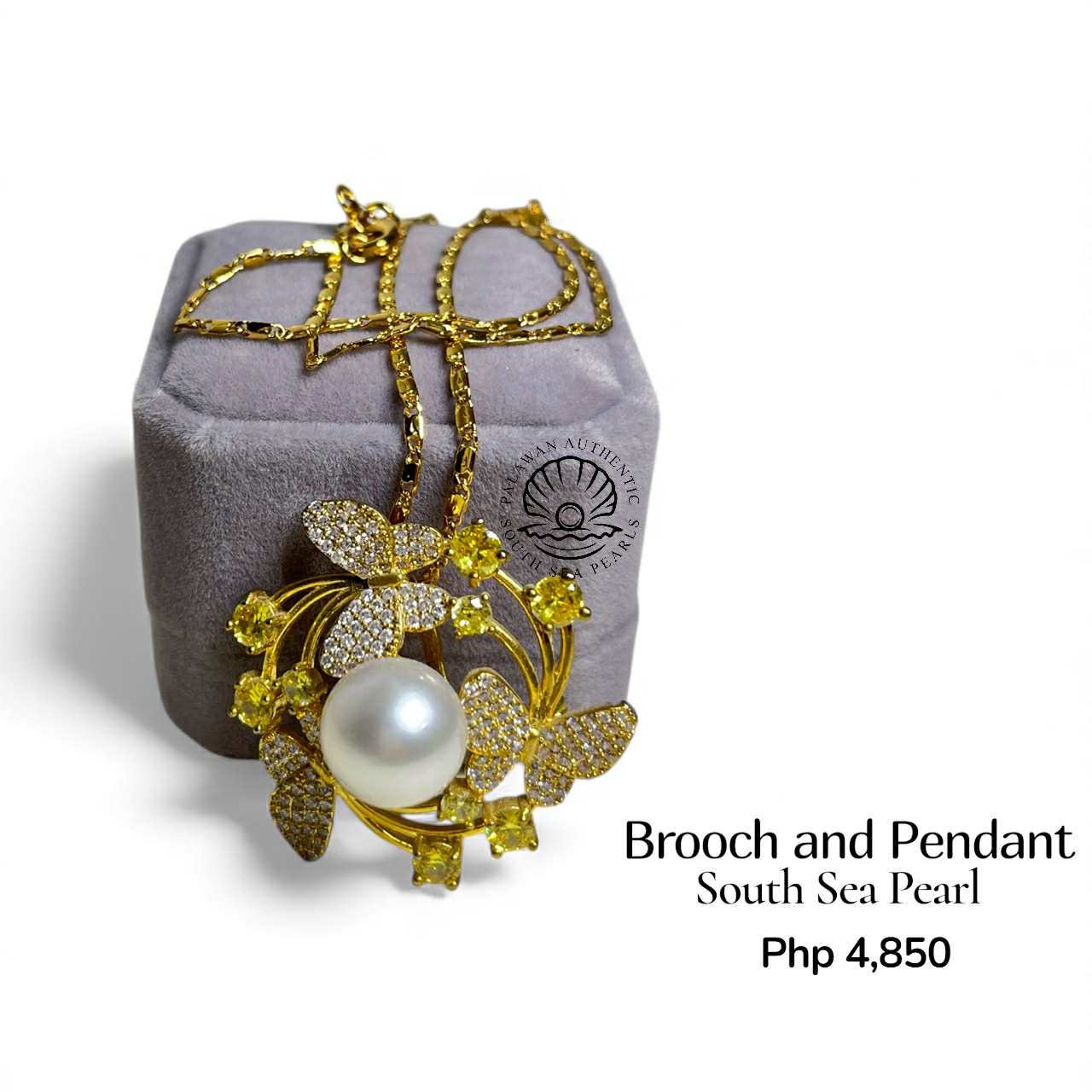 Palawan Authentic South Sea Pearl Brooch Pin in 5 Micron Plated Settings