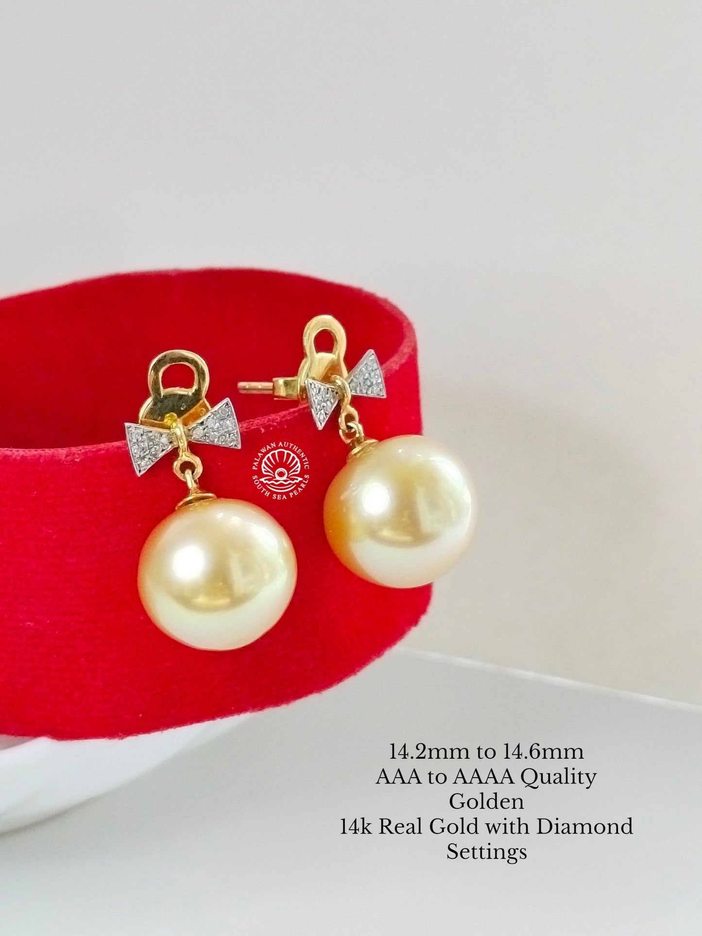 14.2mm to 14.6mm Palawan Authentic Golden Color South Sea Pearl in 14k Real Gold and Diamonds