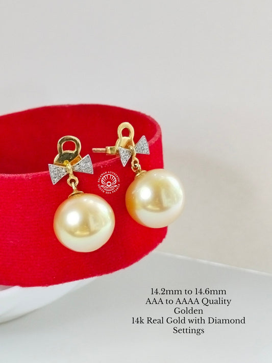 14.2mm to 14.6mm Palawan Authentic Golden Color South Sea Pearl in 14k Real Gold and Diamonds