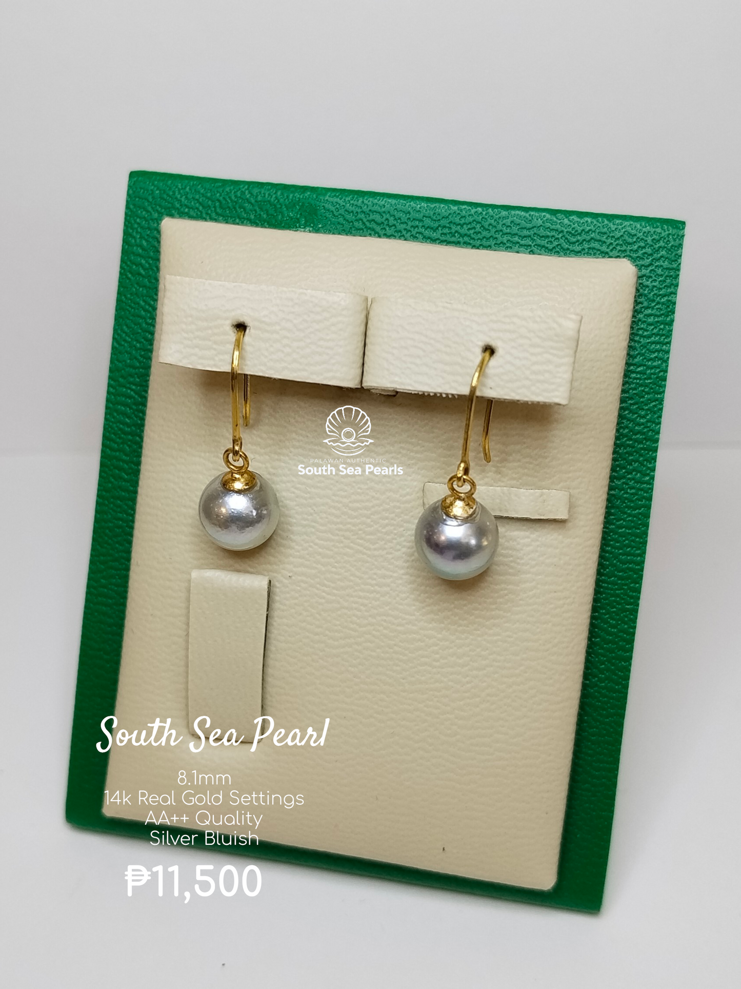 8.1mm Palawan Authentic Silver Bluish Color South Sea Pearl Earrings in 14k Real Gold Settings