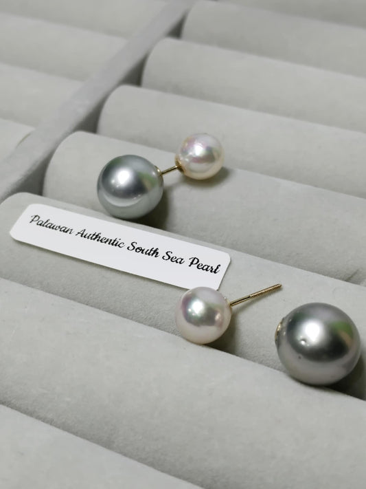 New Arrival! 9mm to 12.3mm Authentic White and Bluish Color South Sea Pearl Earrings in 14k Real Gold Settings
