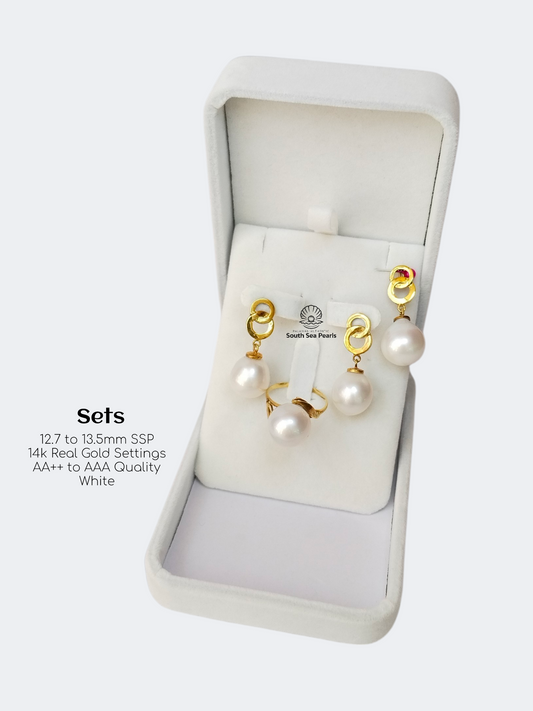 12.7mm to 13.5mm Palawan Authentic White Color South Sea Pearl Sets in 14k Real Gold Settings