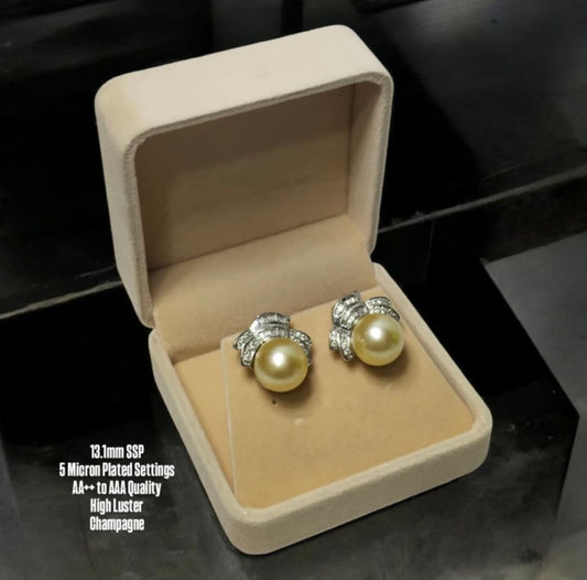 New Arrival! 13.1mm Authentic Champagne Color South Sea Pearl Earrings in 5 Micron Plated Settings