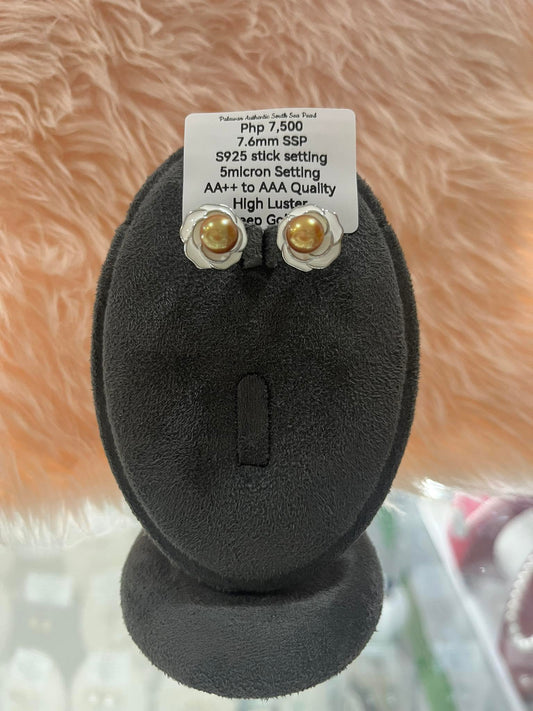 7.6mm Authentic Deep Golden Color South Sea Pearl Set in 5 Micron Settings