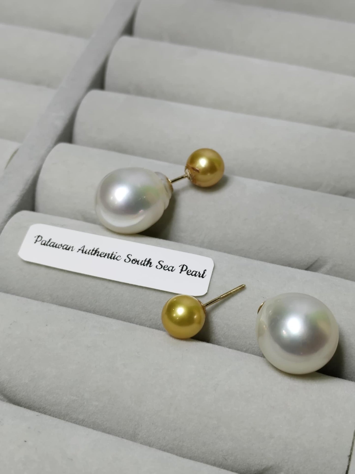 New Arrival! 8.4mm to 14.4mm Authentic Golden and White Color South Sea Pearl Earrings in 14k Real Gold Settings