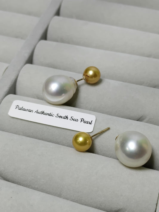 New Arrival! 8.4mm to 14.4mm Authentic Golden and White Color South Sea Pearl Earrings in 14k Real Gold Settings