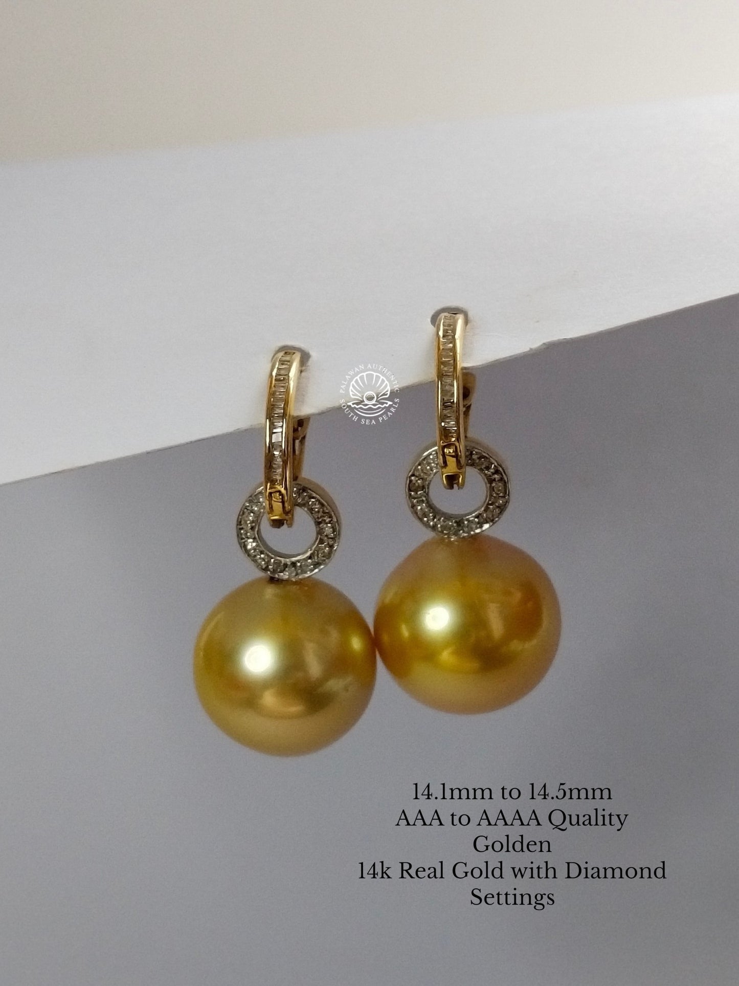 14.1 to 14.5mm Palawan Authentic Golden Color South Sea Pearl in 14k Real Gold and Diamonds