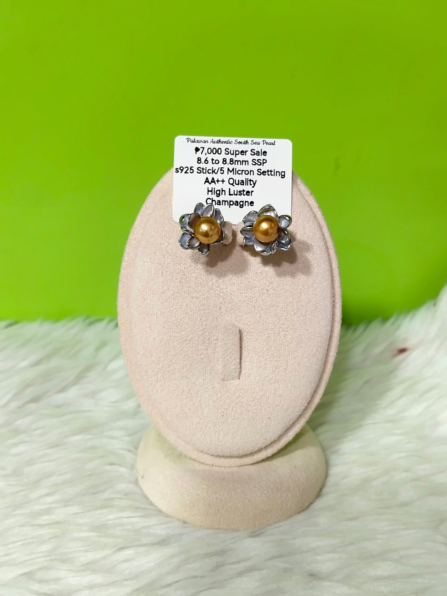 New Arrival! 8.6mm to 8.8mm Authentic Champagne Color South Sea Pearl Earring in S925 Stick and 5 Micron Plated Settings