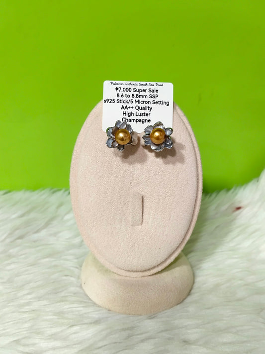 New Arrival! 8.6mm to 8.8mm Authentic Champagne Color South Sea Pearl Earring in S925 Stick and 5 Micron Plated Settings