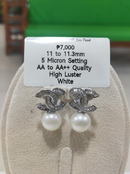 11mm to 11.3mm Authentic White South Sea Pearls Special Design Earrings in 5 Microns Settings