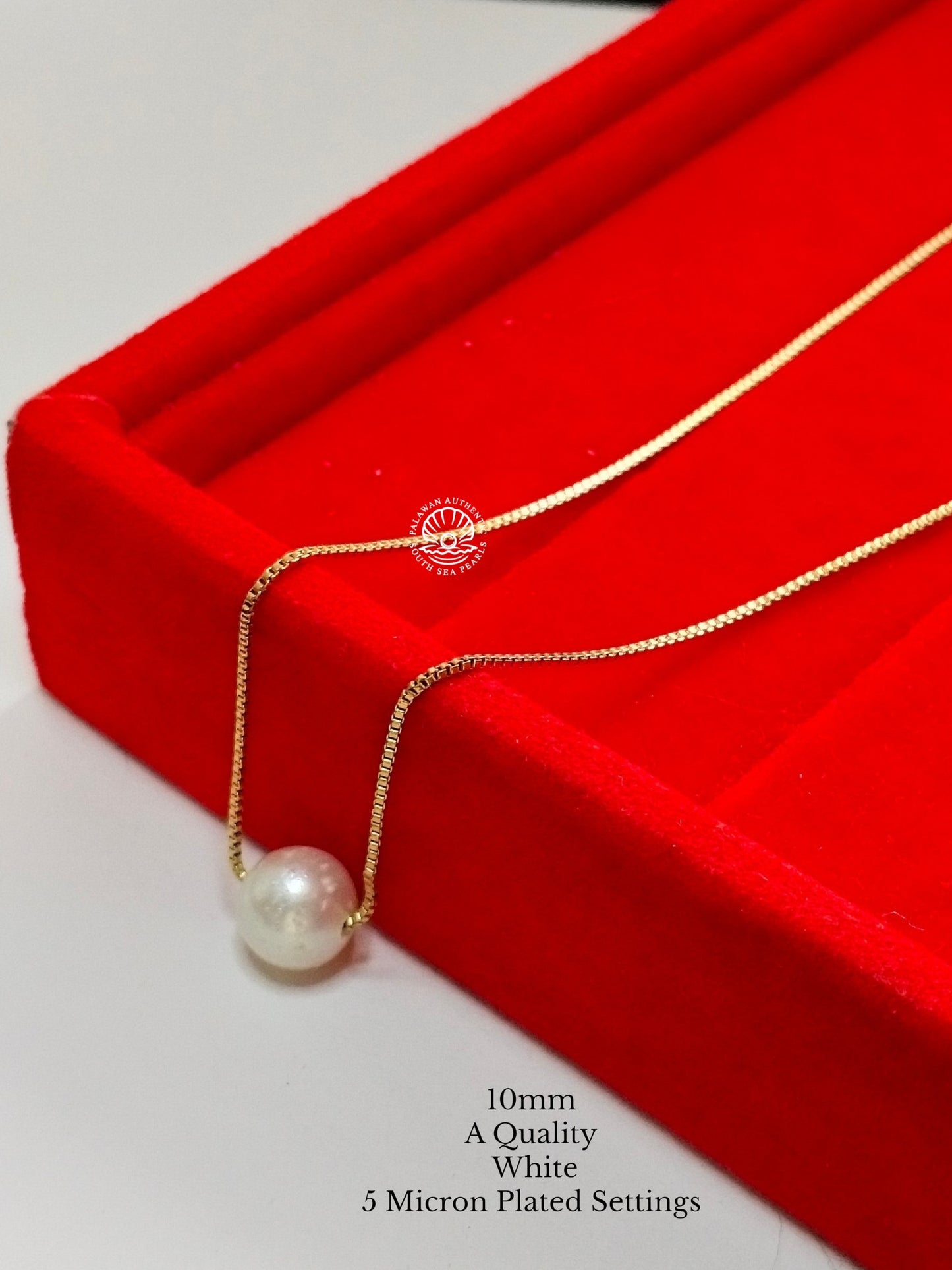 10mm Palawan Authentic White Color South Sea Pearl Floating Necklace in 5 Micron Plated Settings