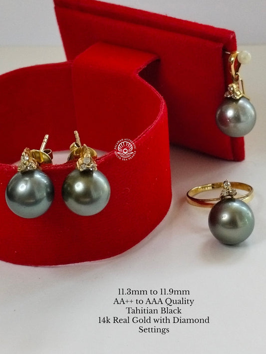 11.3mm to 11.9mm Palawan Authentic Tahitian Black Color South Sea Pearl in 14k Real Gold and Diamonds