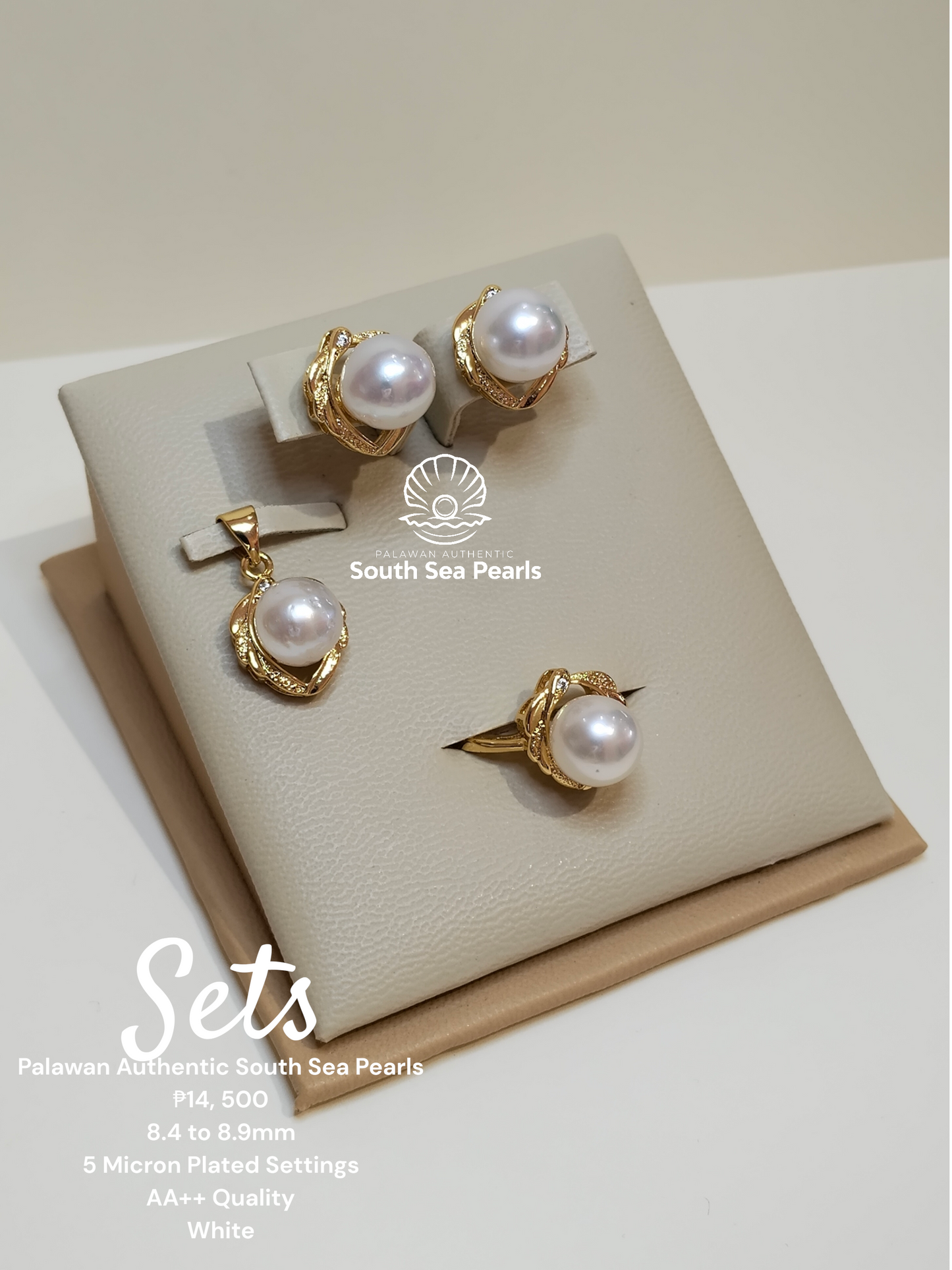 8.4 to 8.9mm Authentic White South Sea Pearl Set in 5 Micron Settings