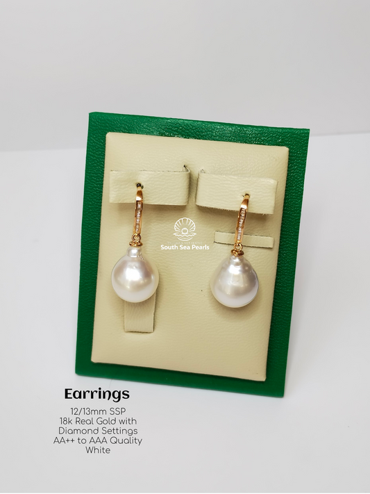 12/13mm Palawan Authentic White Color South Sea Pearl in 18k Real Gold and Diamonds