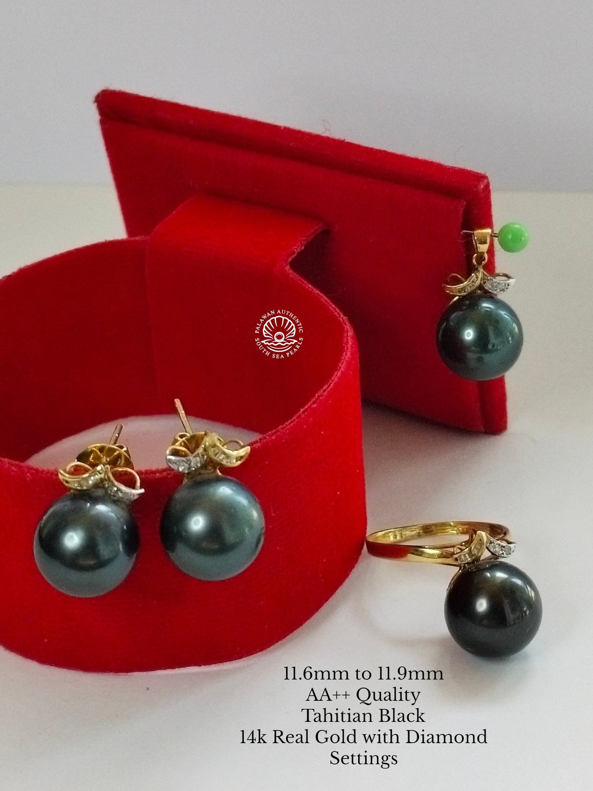 11.6 to 11.9mm Palawan Authentic Tahitian Black Color South Sea Pearl in 14k Real Gold and Diamonds Settings