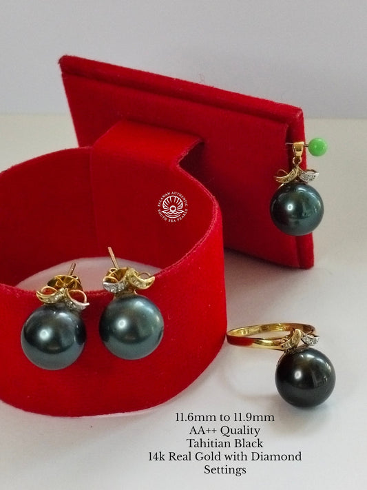 11.6 to 11.9mm Palawan Authentic Tahitian Black Color South Sea Pearl in 14k Real Gold and Diamonds Settings