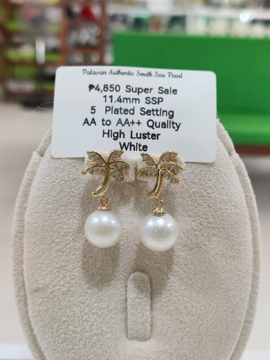 11.4mm Authentic White South Sea Pearls Earrings in 5 Microns Settings